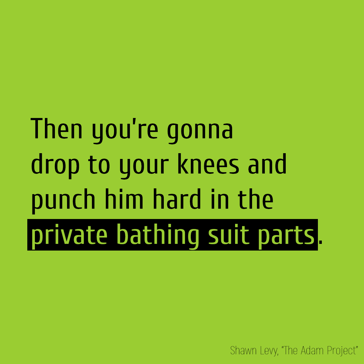 Then you’re gonna drop to your knees and punch him hard in the **private bathing suit parts**.